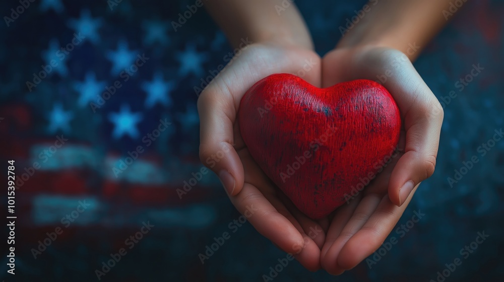 A person holding a red heart in their hands against a blurred background. A person holding a red heart in their hands against a blurred background.
