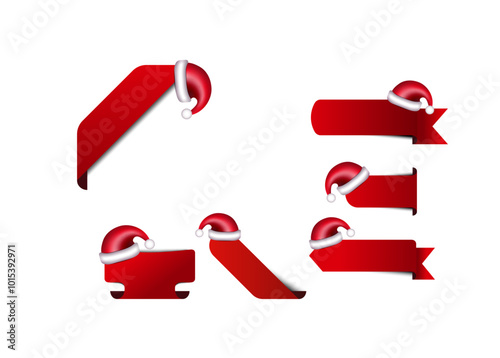 Red christmas label set with red 3d santa hat vector. 3d sticker vector set to use for christmas sale, promotion, web offer, badge, discounted price tag, business card, special offer. 