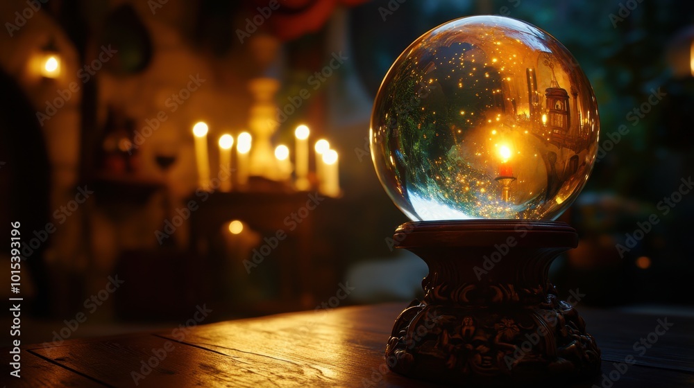 glowing crystal ball resting on an ornate wooden stand,, candlelight illuminating the scene glowing crystal ball resting on an ornate wooden stand,, candlelight illuminating the scene