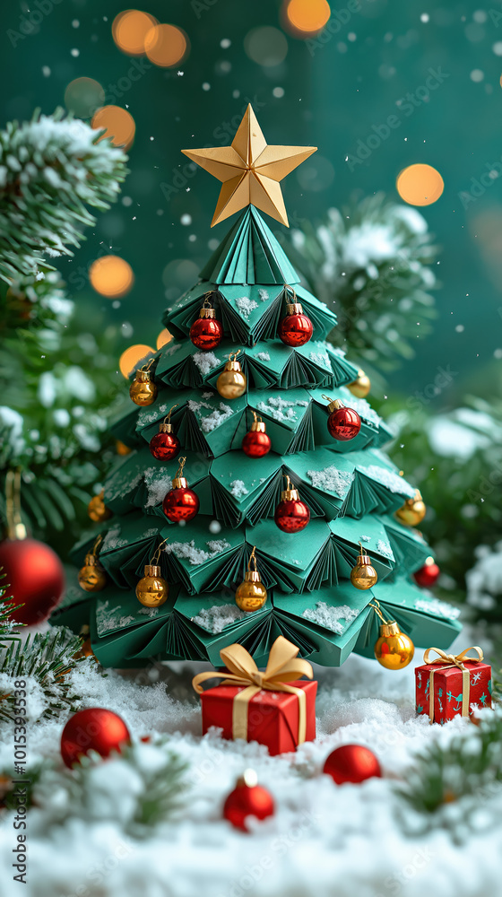 Origami Christmas Tree With Christmas Star In Top Light Snow And Presents, With Copy Space, Christmas Holiday, Holiday Season. Origami Christmas Tree With Christmas Star In Top Light Snow And Presents, With Copy Space, Christmas Holiday, Holiday Season.