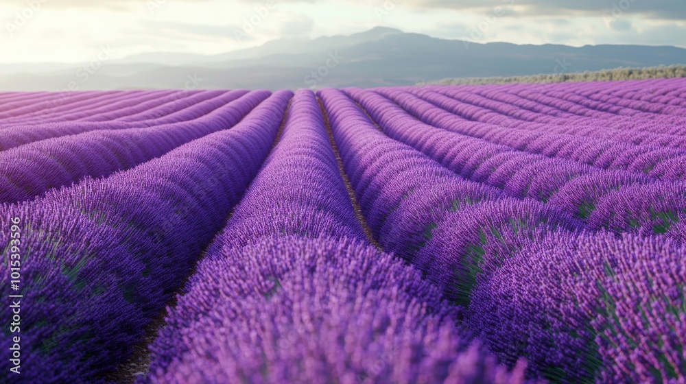 Obraz premium A breathtaking landscape of endless lavender fields stretching towards distant mountains, enveloped by a serene sky, offering tranquility and natural beauty.