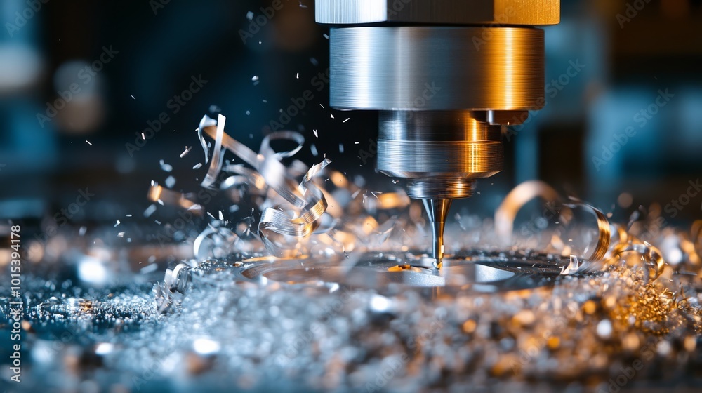 This image captures a CNC machine tool cutting metal, showcasing precision engineering with flying metal shavings and a detailed focus on industrial craftsmanship.
