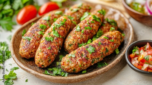 This image displays grilled kofta kebabs seasoned with herbs on a rustic clay plate, highlighting a rich blend of spices and authentic handmade cuisine intended to delight.