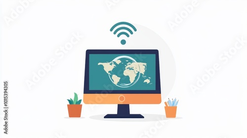 Remote work icon featuring a computer with a globe and Wi-Fi signal photo