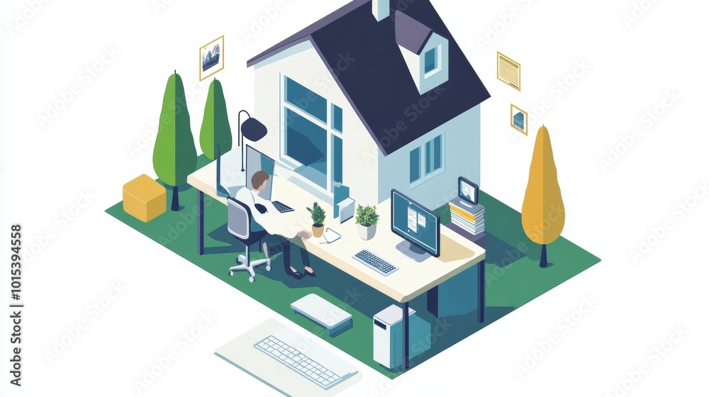 Remote working icon representing employees working from home on a computer with a desk, office, or house backdrop. Remote working icon representing employees working from home on a computer with a desk, office, or house backdrop.
