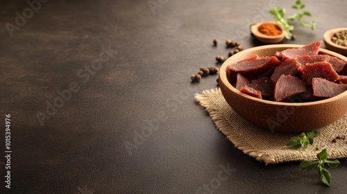 A small wooden bowl holds neatly sliced South African biltong, surrounded by spices like paprika and cumin on a textured burlap cloth, creating a rich culinary setting