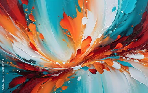 A vibrant abstract oil painting featuring soft transitions of the colors red, orange, turquoise, and white, flowing seamlessly into one another, creating a smooth, harmonious blend, Germany.