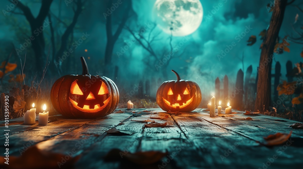 Halloween Night with a Jack O' Lantern and Candles Burning Bright in a Spooky Forest under a Full Moon, Pumpkins in a Haunted Graveyard Halloween Night with a Jack O' Lantern and Candles Burning Bright in a Spooky Forest under a Full Moon, Pumpkins in a Haunted Graveyard
