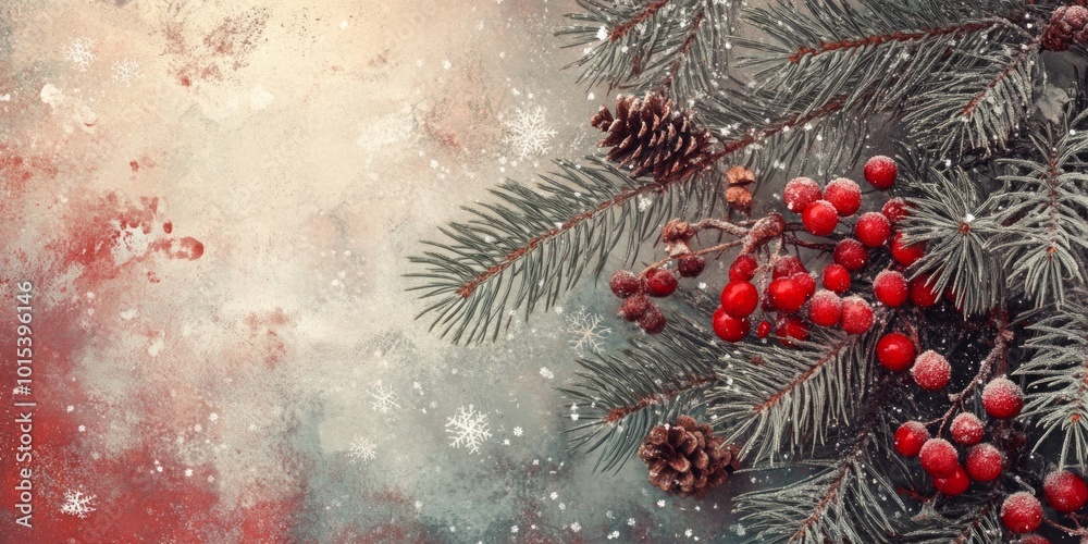 A beautiful close-up of Christmas pine branches adorned with red berries and pine cones. The background features a soft snow-like texture. Ideal for festive designs and holiday themes. AI A beautiful close-up of Christmas pine branches adorned with red berries and pine cones. The background features a soft snow-like texture. Ideal for festive designs and holiday themes. AI