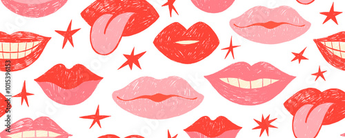 Seamless pattern with women and girl's red lips. Crayon drawn funky lips and mouths with stars.