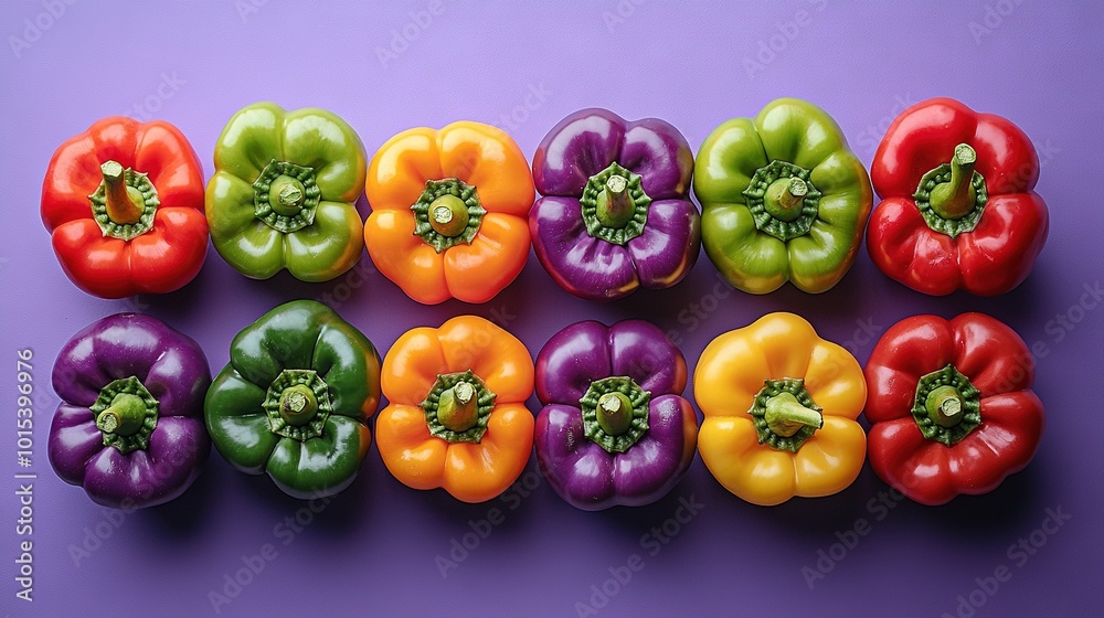 A rainbow of colorful peppers resting atop a lilac background A rainbow of colorful peppers resting atop a lilac background