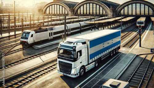 White semi-truck with an Honduras flag trailer parked at a busy train station, illustrating the integration of road and rail transport. Ideal for logistics and intermodal transportation
