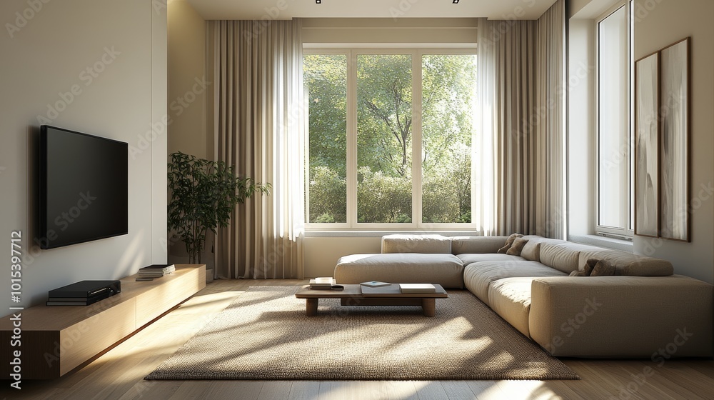 Fototapeta premium Spacious and elegant modern apartment showcasing a Scandinavian design, featuring a plush sofa, TV, windows, curtains, and ample sunlight.