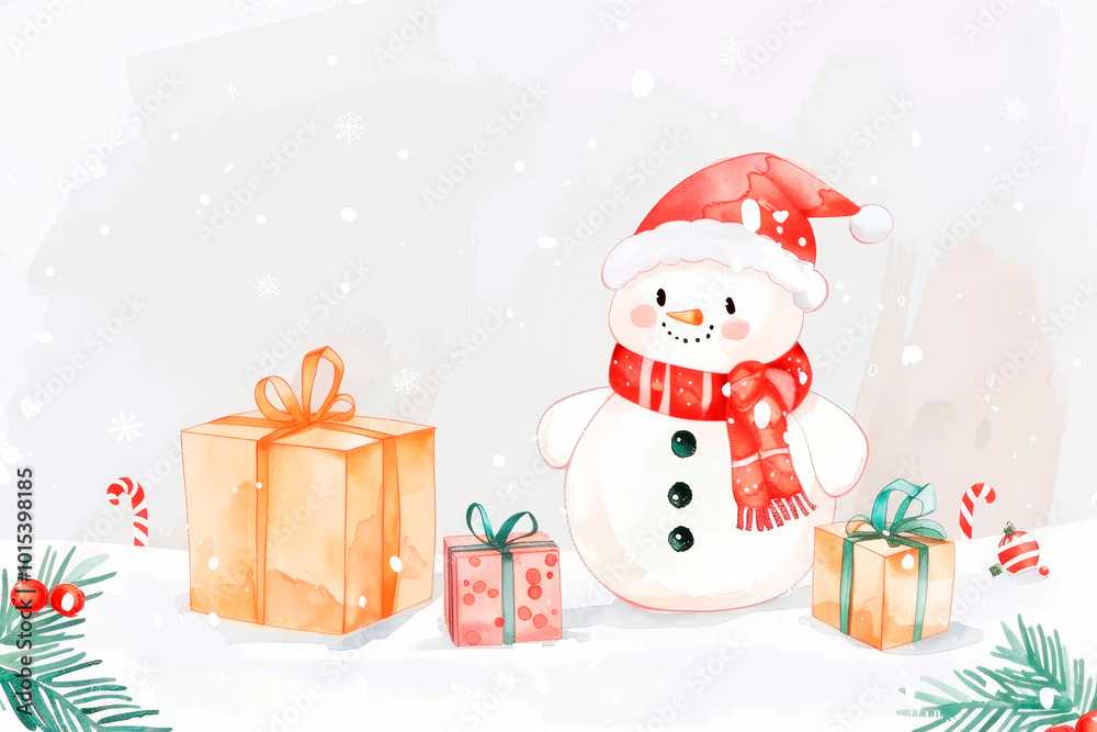Snowman and gift boxes on snow background Snowman and gift boxes on snow background
