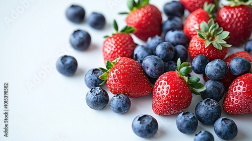  Blueberries and strawberries scattered on a white table