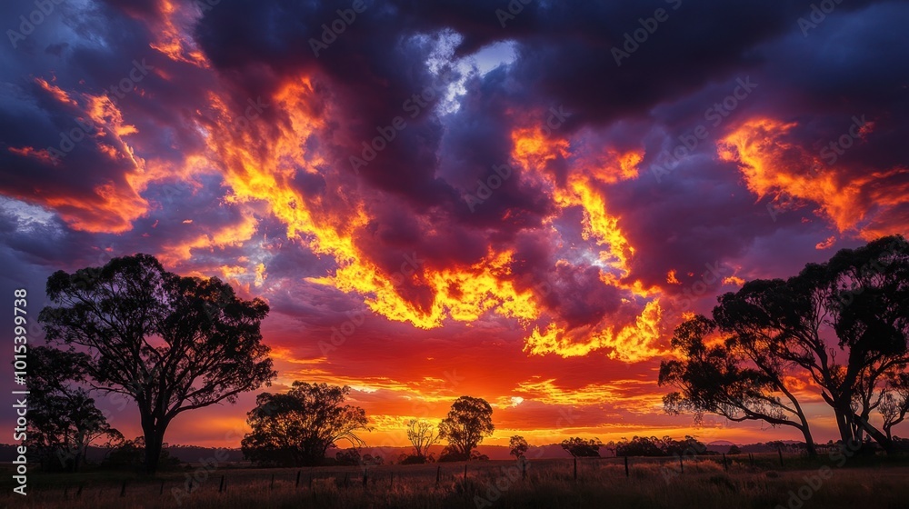 Obraz premium A dramatic sky filled with orange and purple clouds as the sun sets over a rural landscape, with silhouettes of trees in the foreground.