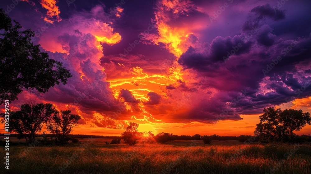 Fototapeta premium A dramatic sky filled with orange and purple clouds as the sun sets over a rural landscape, with silhouettes of trees in the foreground.