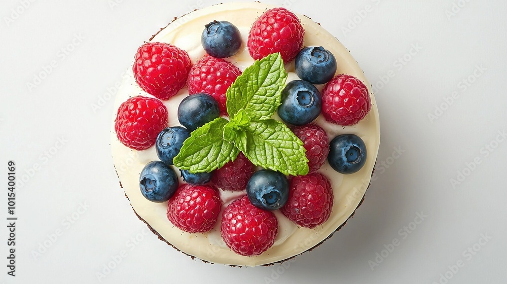   A white table holds a cake topped with raspberries and blueberries