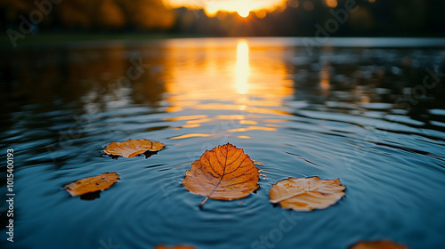 utumn leaves floating on the surface of a tranquil lake, reflecting the vibrant colors of fall. This image symbolizes change, the beauty of nature, and the cycle of life photo