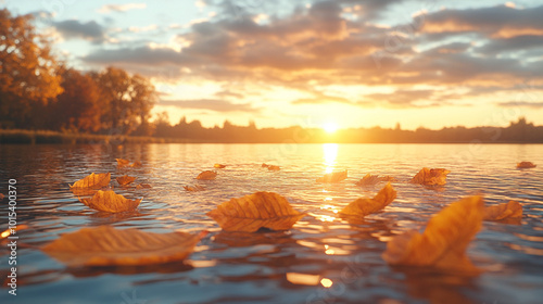 utumn leaves floating on the surface of a tranquil lake, reflecting the vibrant colors of fall. This image symbolizes change, the beauty of nature, and the cycle of life photo