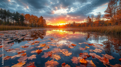 utumn leaves floating on the surface of a tranquil lake, reflecting the vibrant colors of fall. This image symbolizes change, the beauty of nature, and the cycle of life photo