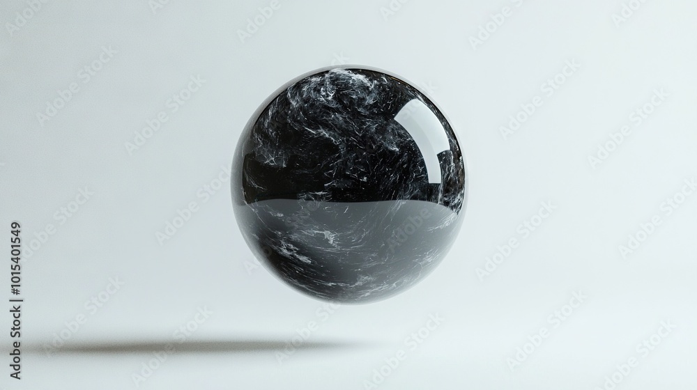 A black and white marble object suspended in the sky with a cast shadow on the ground against a white backdrop A black and white marble object suspended in the sky with a cast shadow on the ground against a white backdrop