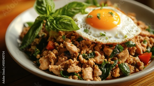 A fresh plate of Thai basil chicken (pad krapow gai), with ground chicken, basil leaves, and a fried egg on top.