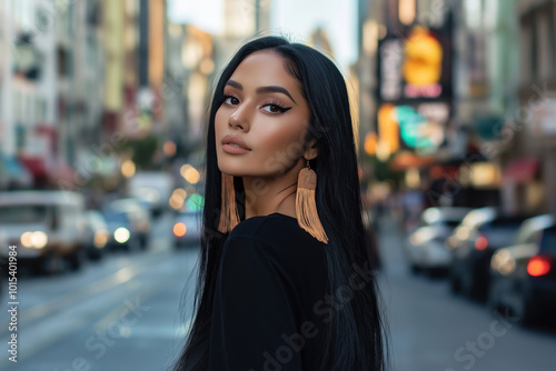 urban portrait of a young arabic woman with sleek long black hair and dramatic makeup in the city