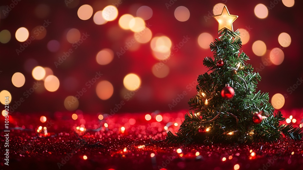 A red canvas backdrop with a beautifully lit Christmas tree and soft, twinkling bokeh effects.