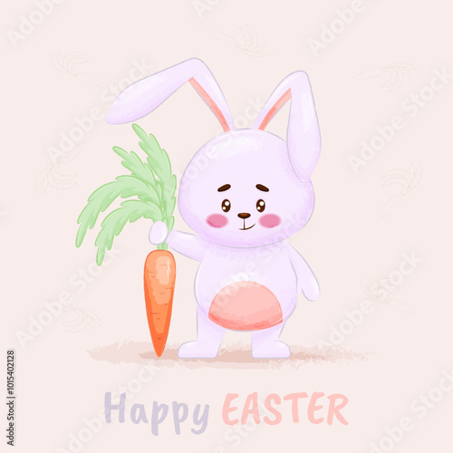 A cute, happily smiling rabbit with a carrot. Adorable funny animals with cartoon vector illustration. Easter Postcard