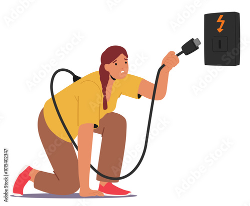 Woman Kneeling While Holding A Power Cable Plug Trying To Connect To A Socket Highlighting Concepts Of Energy