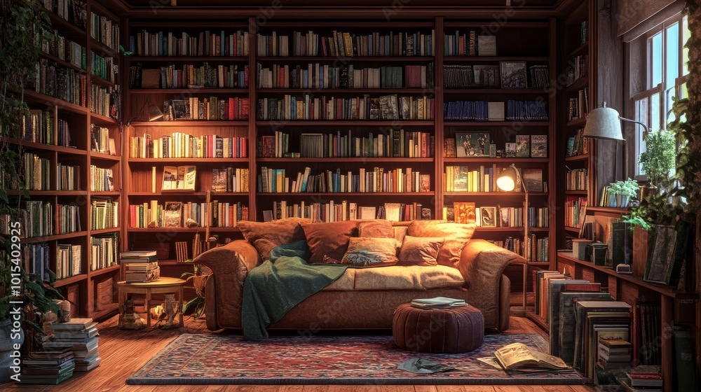 A cozy home library featuring a variety of books arranged on shelves and a pleasant spot to read A cozy home library featuring a variety of books arranged on shelves and a pleasant spot to read