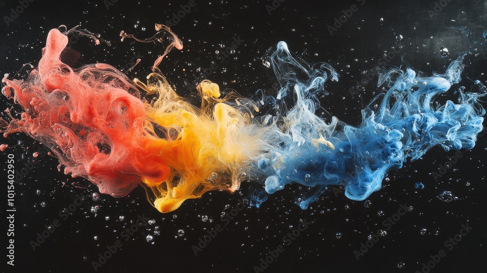 Obraz premium Vibrant ink explosion of red, blue, and yellow colors in dark space