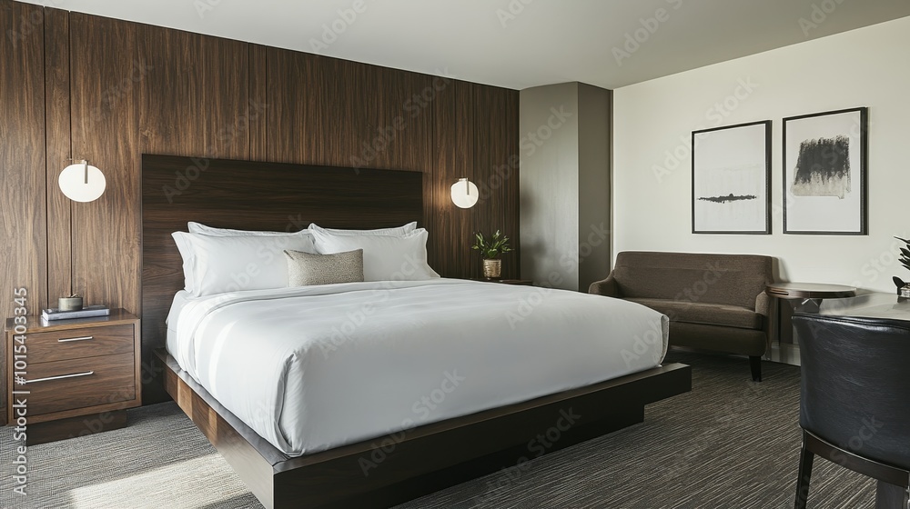Spacious room with modern decor features a large bed against a dark wood accent wall, creating a stylish and inviting ambiance. Spacious room with modern decor features a large bed against a dark wood accent wall, creating a stylish and inviting ambiance.
