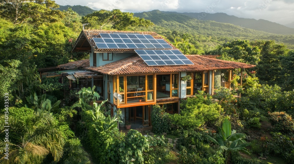 A house with solar panels on its roof, surrounded by lush greenery, demonstrating eco-friendly home energy solutions. A house with solar panels on its roof, surrounded by lush greenery, demonstrating eco-friendly home energy solutions.