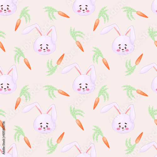 Seamless pattern featuring a cute rabbit and a carrot on a pink background. Vector illustration