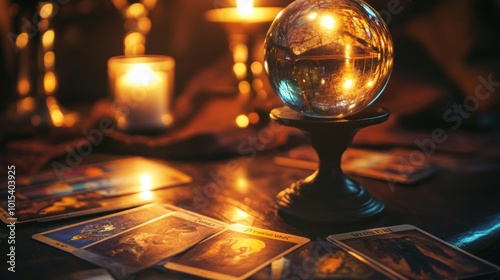 glowing crystal ball resting on an ornate wooden stand,with tarot cards and candle lights, magic scene