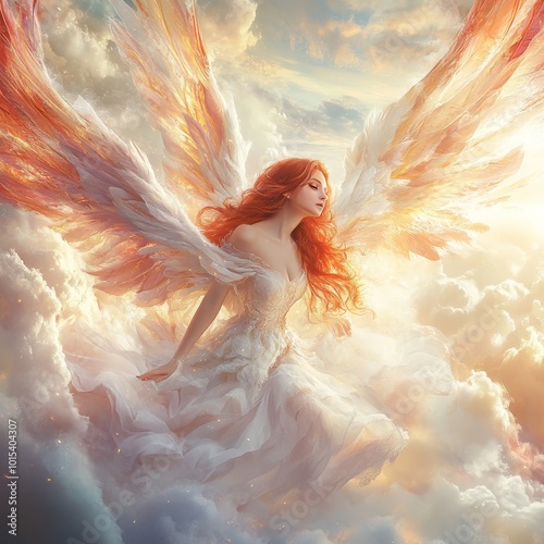 Angel soaring through sunset clouds, serene, wings outstretched in ethereal glow photo