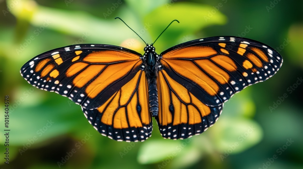 A macro shot of an orange monarch butterfly, with its wings spread wide against a blurred natural background. A macro shot of an orange monarch butterfly, with its wings spread wide against a blurred natural background.