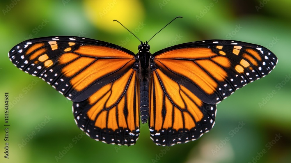 A macro shot of an orange monarch butterfly, with its wings spread wide against a blurred natural background. A macro shot of an orange monarch butterfly, with its wings spread wide against a blurred natural background.