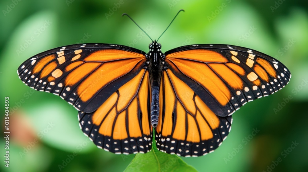 A macro shot of an orange monarch butterfly, with its wings spread wide against a blurred natural background.