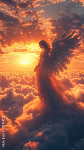 Angel soaring through sunset clouds, serene, wings outstretched in ethereal glow photo