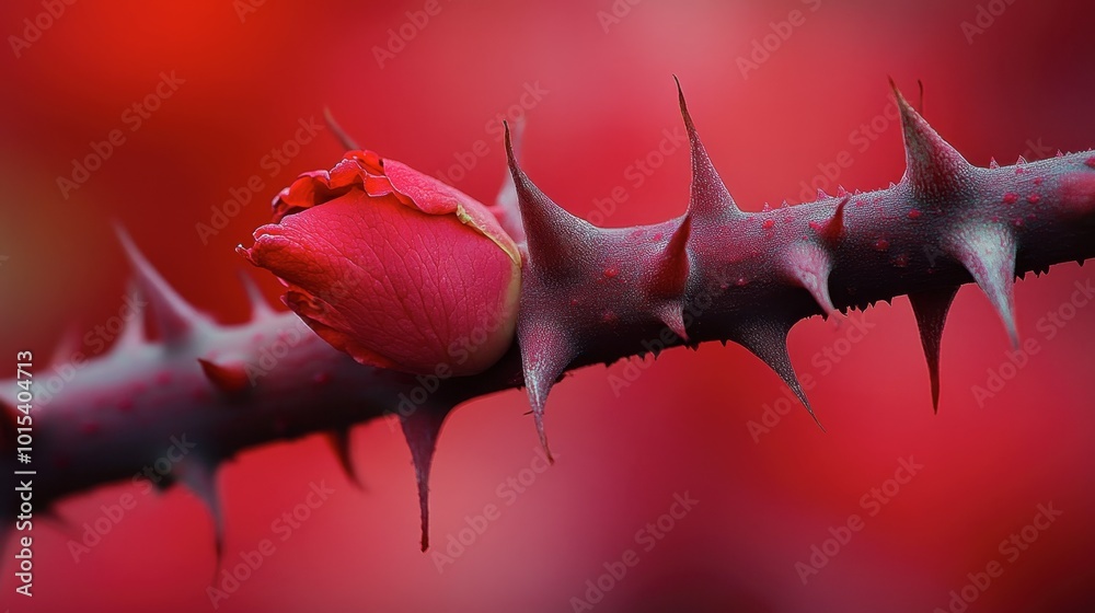 A macro shot of the thorns on a rose stem, highlighting their sharpness and contrasting with the softness of the nearby petals. A macro shot of the thorns on a rose stem, highlighting their sharpness and contrasting with the softness of the nearby petals.