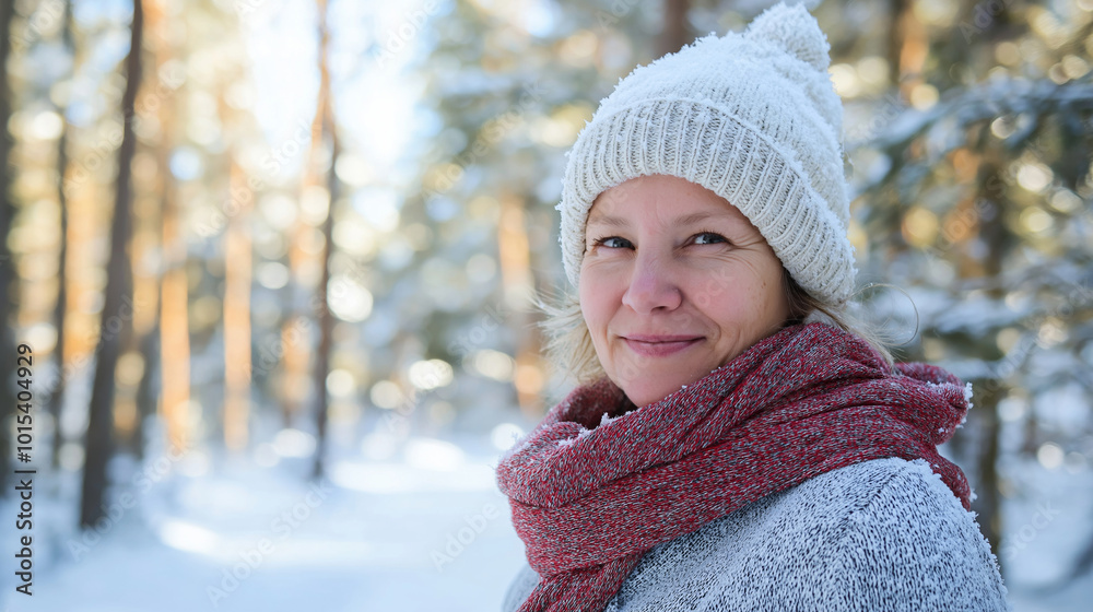 Joyful woman enjoys the snowy forest on a sunny winter day, looking calm and peaceful in warm winter clothing