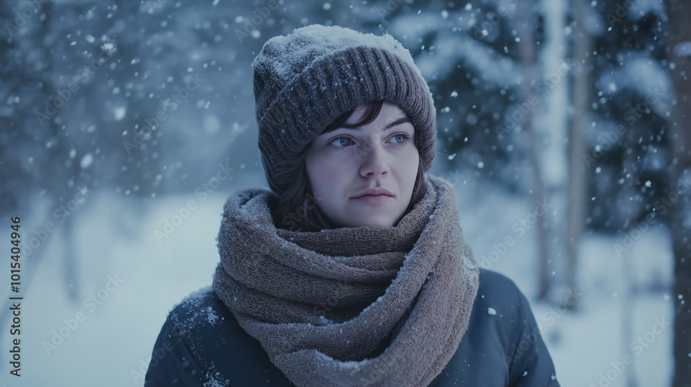 Young woman is enjoying a peaceful moment surrounded by snowy trees while snowflakes are falling on her warm winter clothes Young woman is enjoying a peaceful moment surrounded by snowy trees while snowflakes are falling on her warm winter clothes