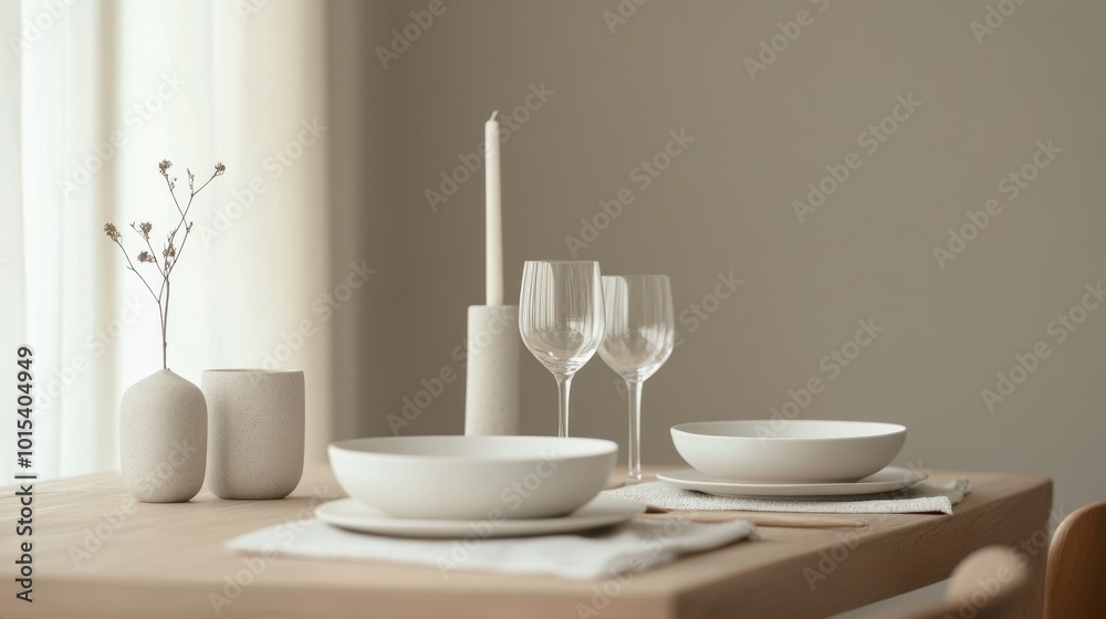 A minimalist dining table with clean lines, set with simple white plates, glasses, and a single candle. A minimalist dining table with clean lines, set with simple white plates, glasses, and a single candle.