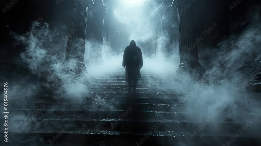 Mysterious Figure Ascending a Foggy Staircase Mysterious Figure Ascending a Foggy Staircase