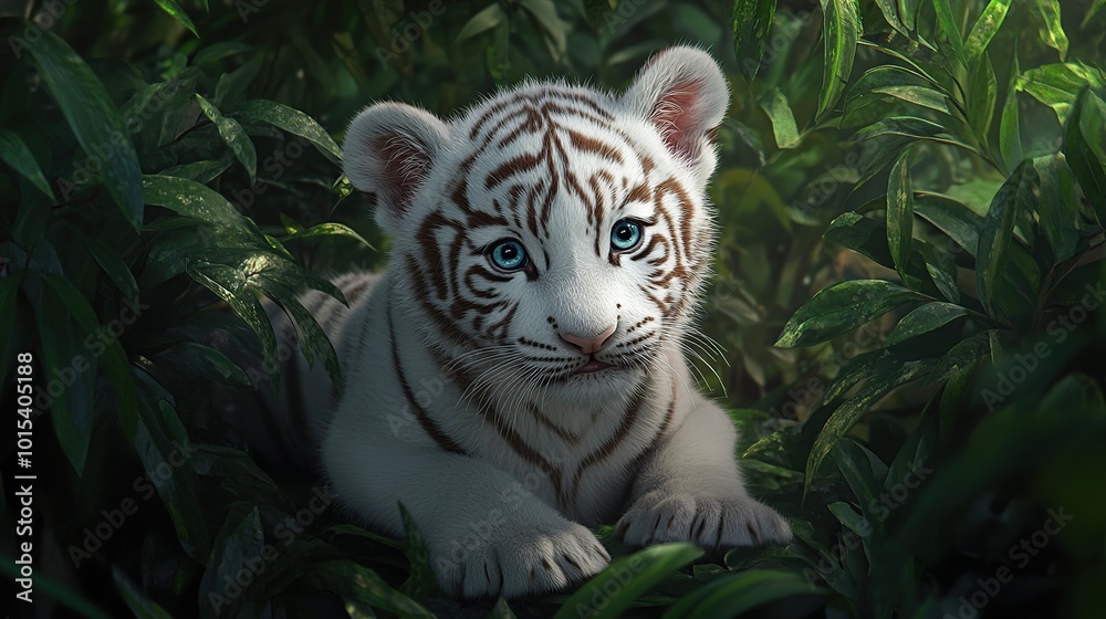 A white tiger cub resting in lush greenery. A white tiger cub resting in lush greenery.