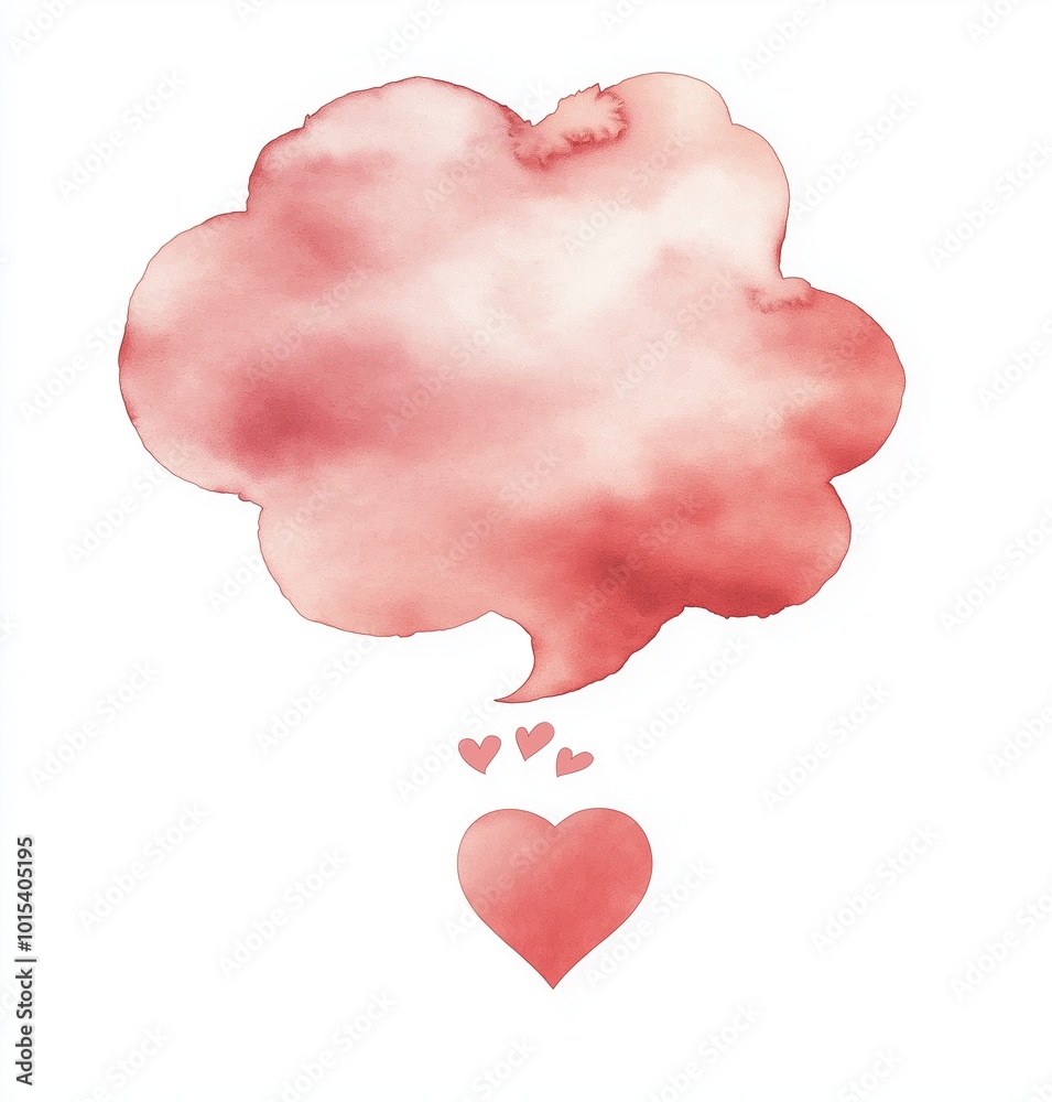 Red watercolor speech bubble floats above a larger heart, smaller hearts rising from the larger one towards the bubble Red watercolor speech bubble floats above a larger heart, smaller hearts rising from the larger one towards the bubble