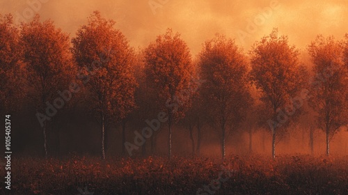 A moody autumn landscape with a foggy orange sunrise peeking through a row of trees covered in fall foliage.